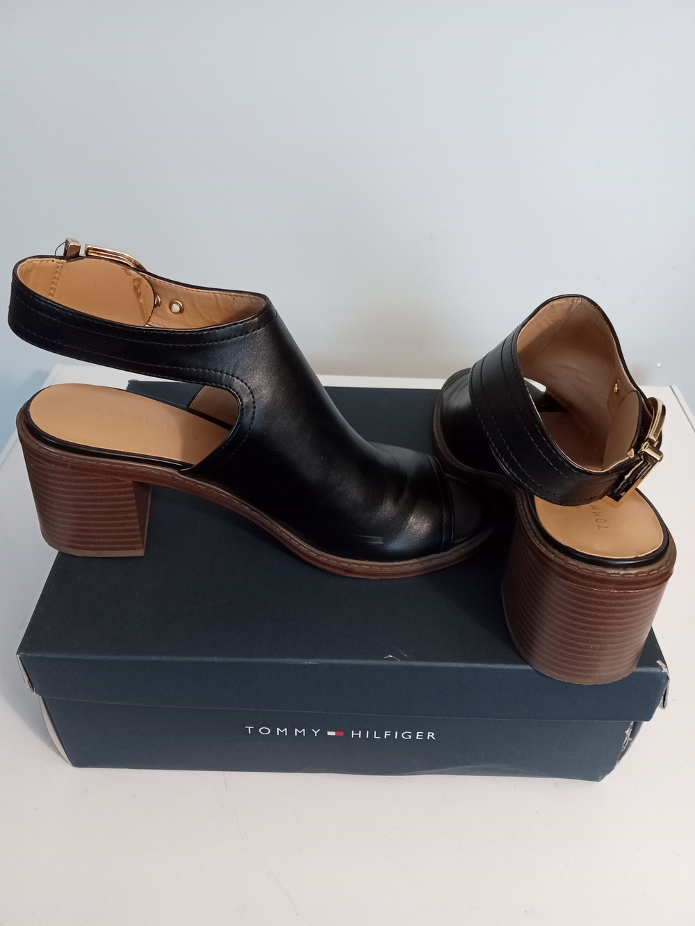 Tommy Hilfiger Black Leather Slingback Block Heels with Brown Wood-Effect Heel